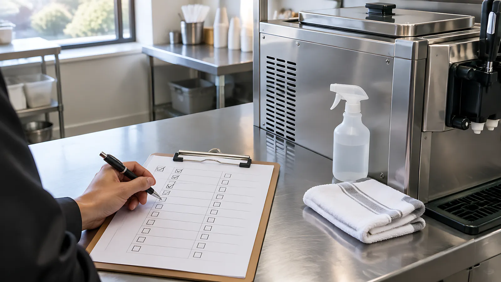 Hand ticking boxes on a blank grid checklist on a clipboard beside a stainless steel soft serve machine, with a spray bottle and folded towel on the counter